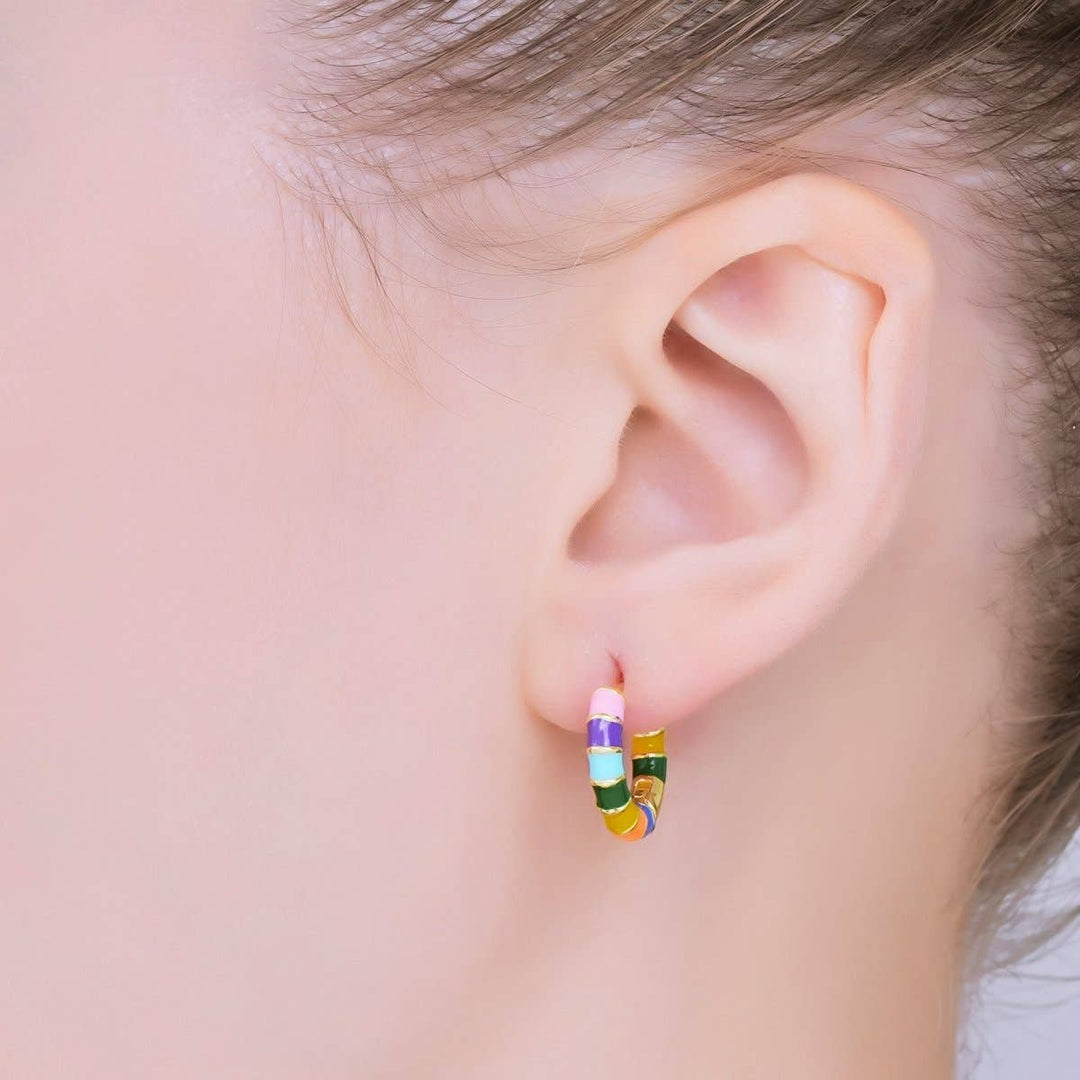 24K Gold Filled 16mm Multicolor Enamel Huggie Earrings