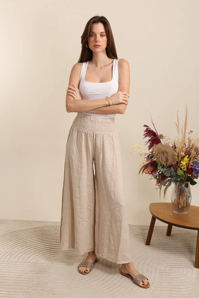 Linen Trousers With Elastic Cinched Waist
