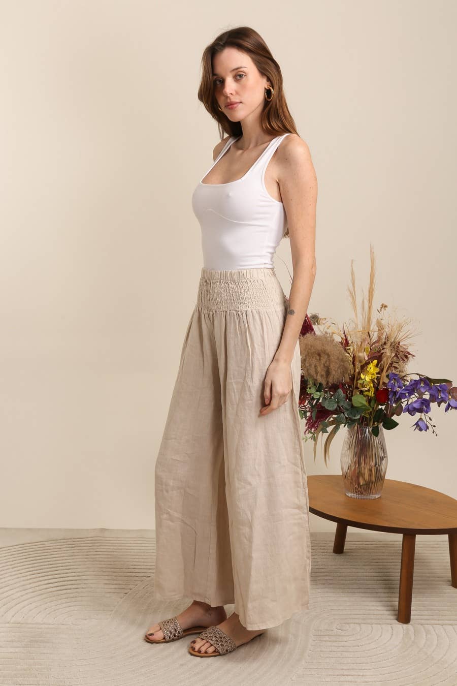 Linen Trousers With Elastic Cinched Waist