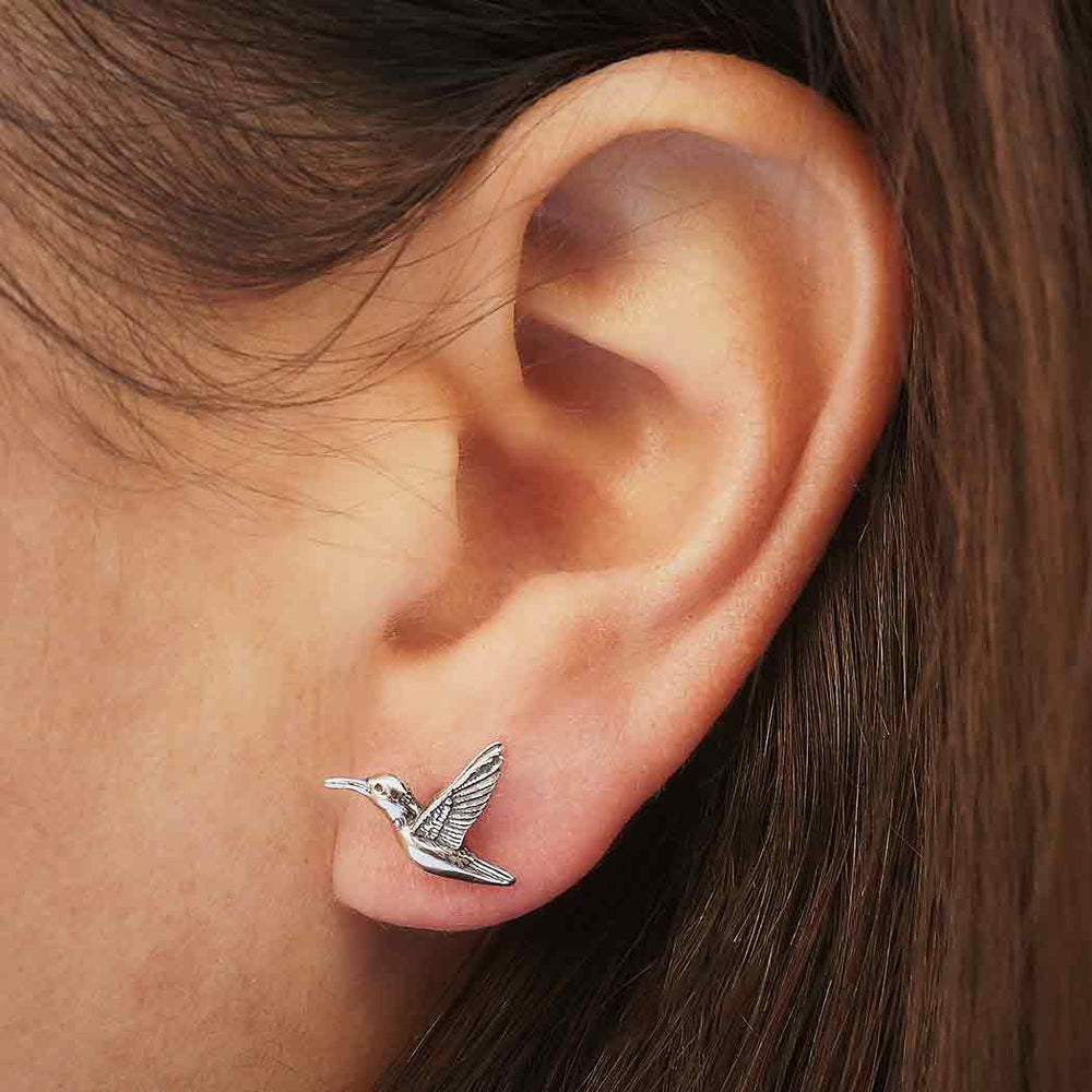 Sterling Silver 3D Hummingbird Post Earrings