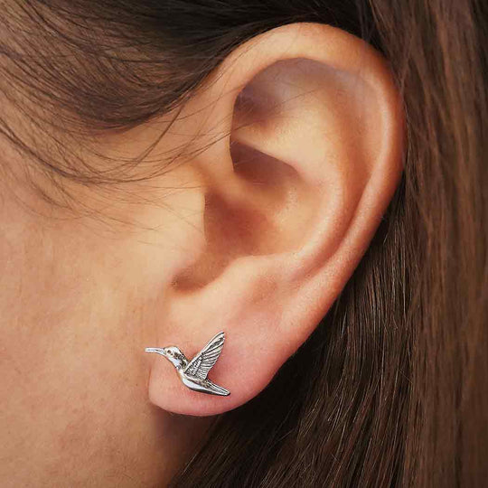 Sterling Silver 3D Hummingbird Post Earrings