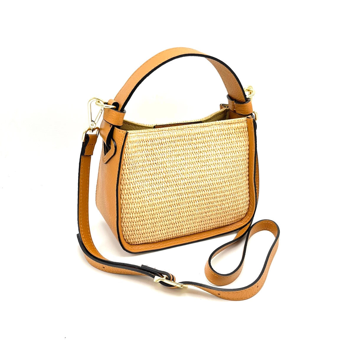 Italian Leather & Raffia Shoulder Bag with Crossbody Strap