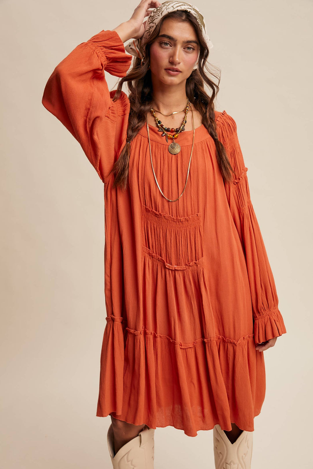 Smocked Tiered Long Sleeve Dress