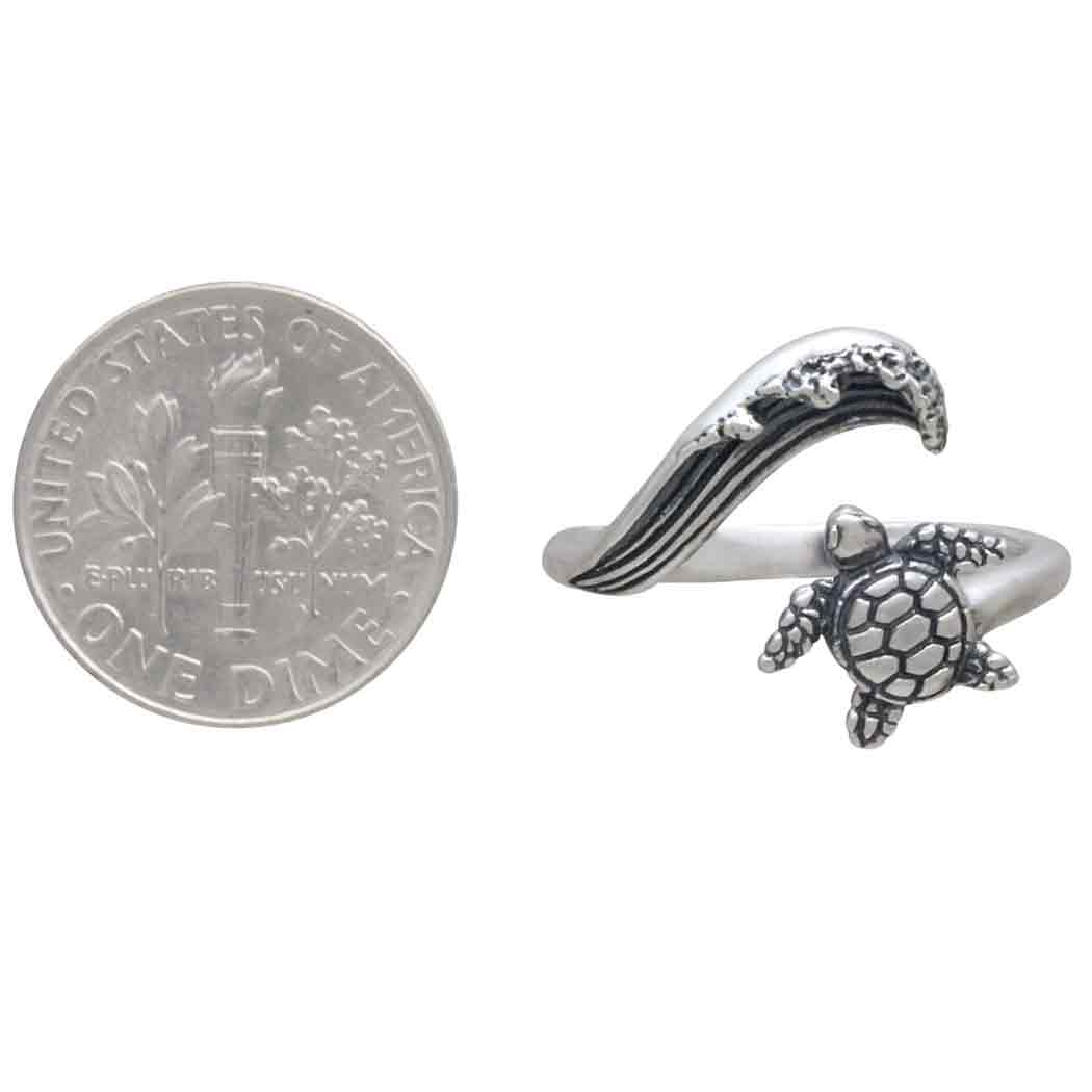 Sterling Silver Sea Turtle & Wave Adjustable Ring