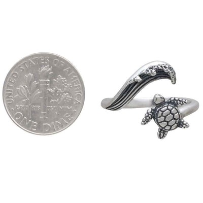 Sterling Silver Sea Turtle & Wave Adjustable Ring
