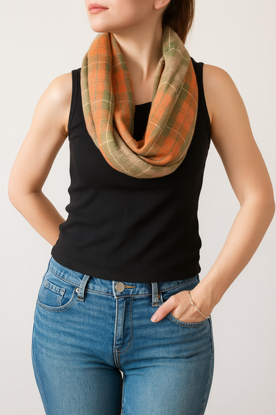Olive Plaid Infinity Scarf with Zipper Pocket