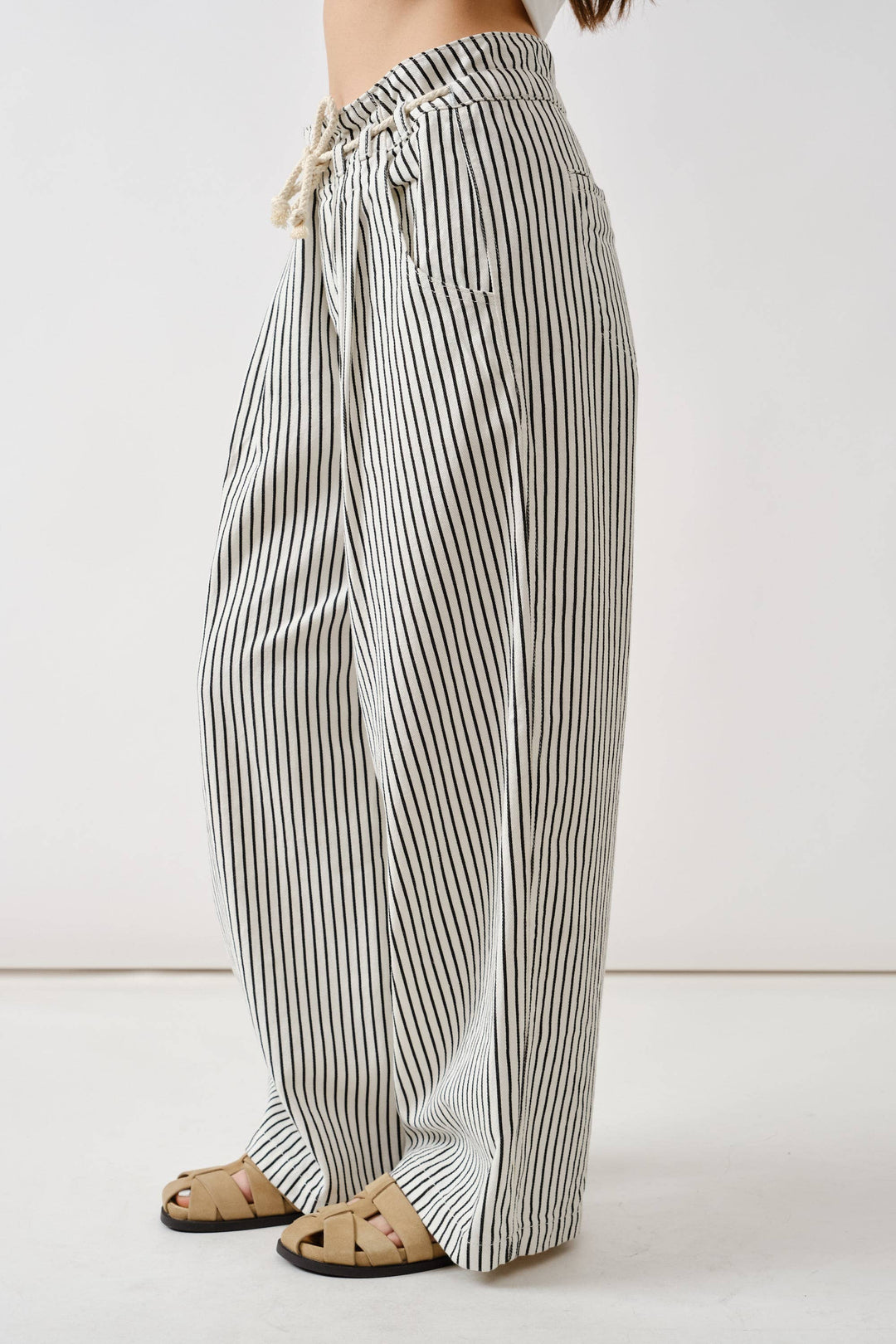 Off White & Black Striped Wide Leg Denim with Rope Belt