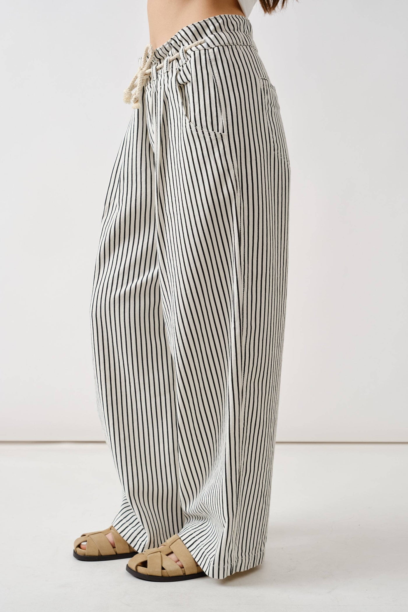 Off White & Black Striped Wide Leg Denim with Rope Belt