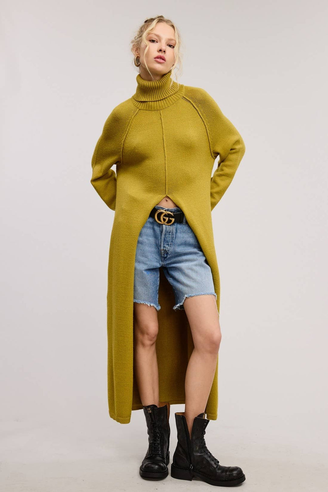 Ribbed Turtleneck Tunic Sweater Dress with Slit