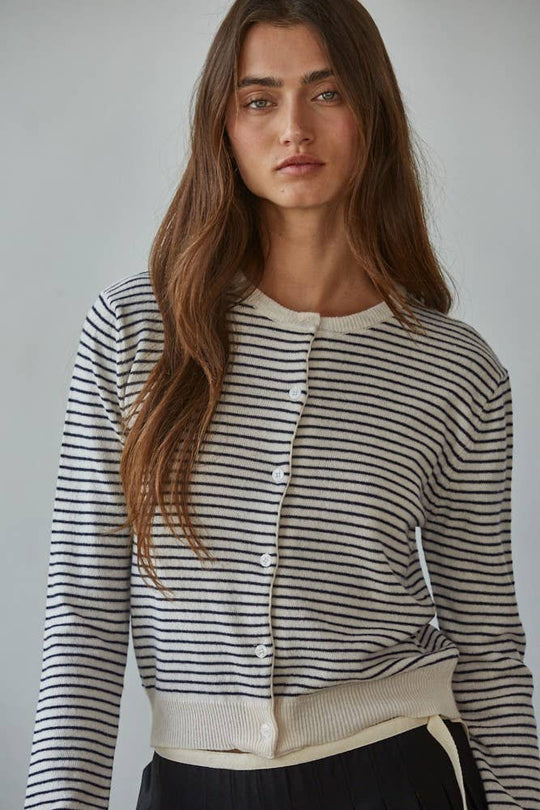 Knit Sweater Acrylic Striped Crew Neck Cardigan