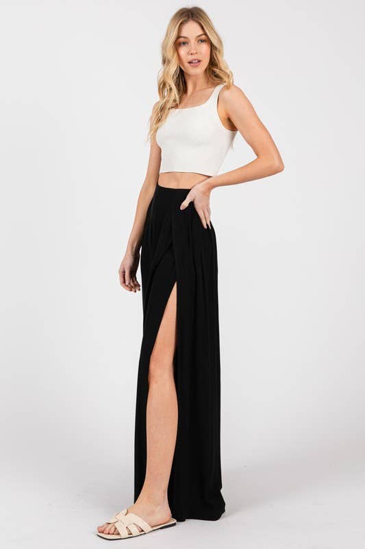 Solid Front Slit Wide Leg Pants