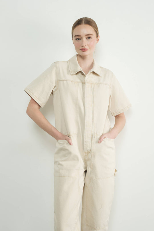 Denim Short Sleeve Collared Jumpsuit