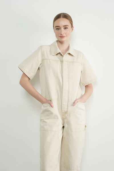 Denim Short Sleeve Collared Jumpsuit