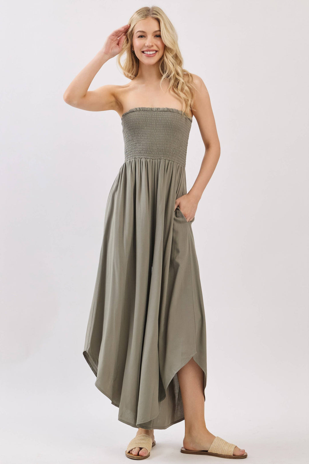 Solid Smocked Detailed Off Shoulder Jumpsuit