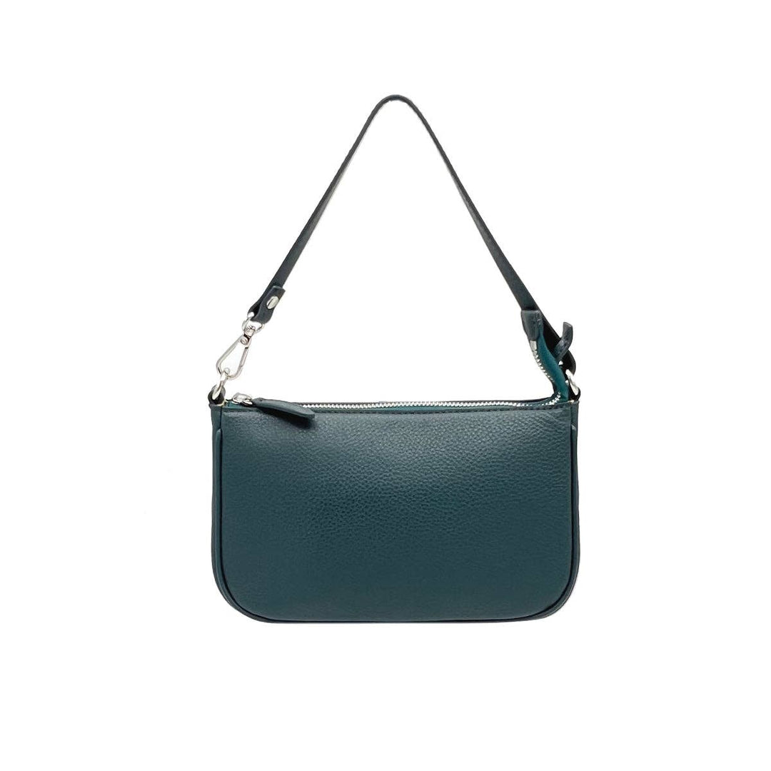 Teal handbag with a strap on a white background
