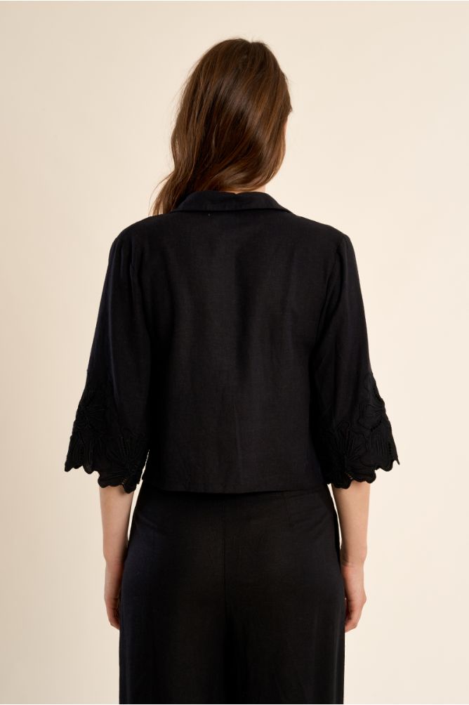 Black Open Work Embroidered Crop Top
