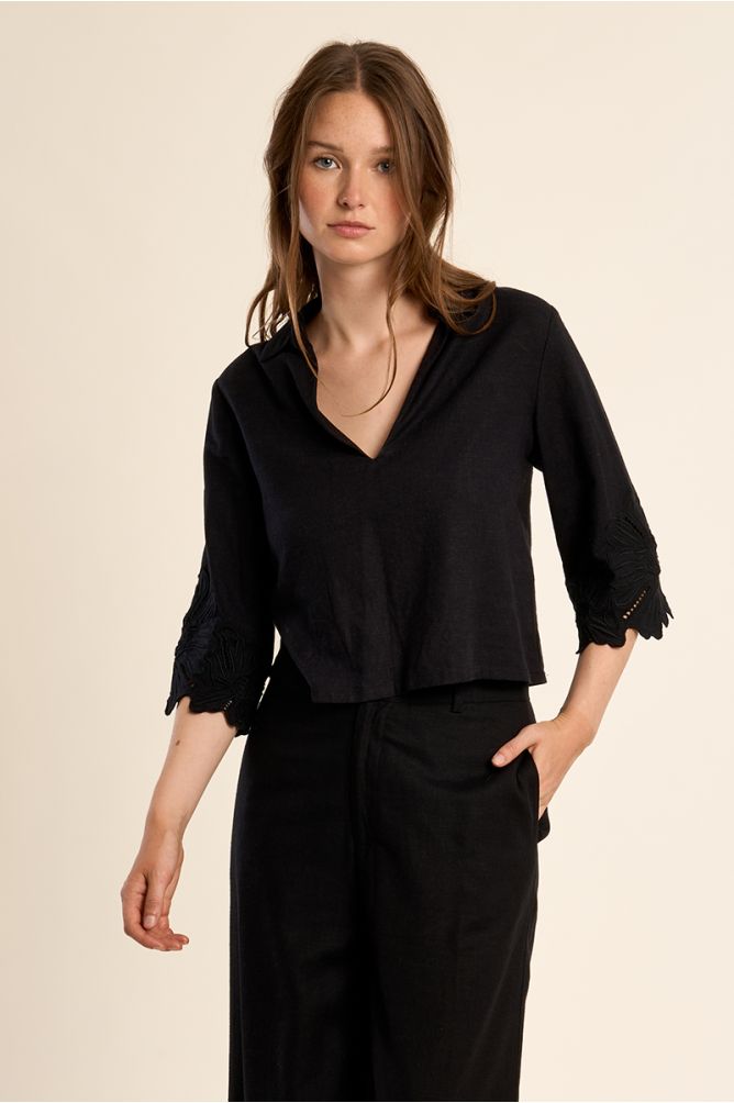Black Open Work Embroidered Crop Top
