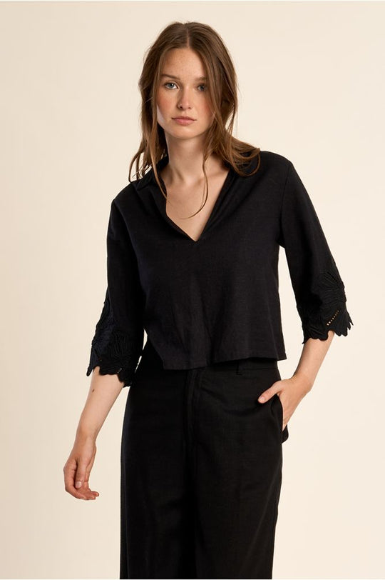 Black Open Work Embroidered Crop Top