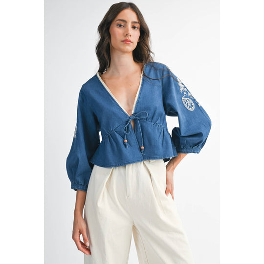 Denim Embroidered Cropped Peasant Blouse