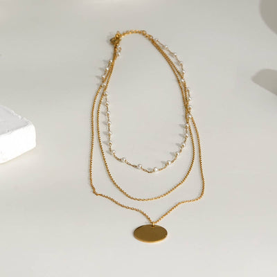 Gold Triple Chain Necklace with Disc Pendant