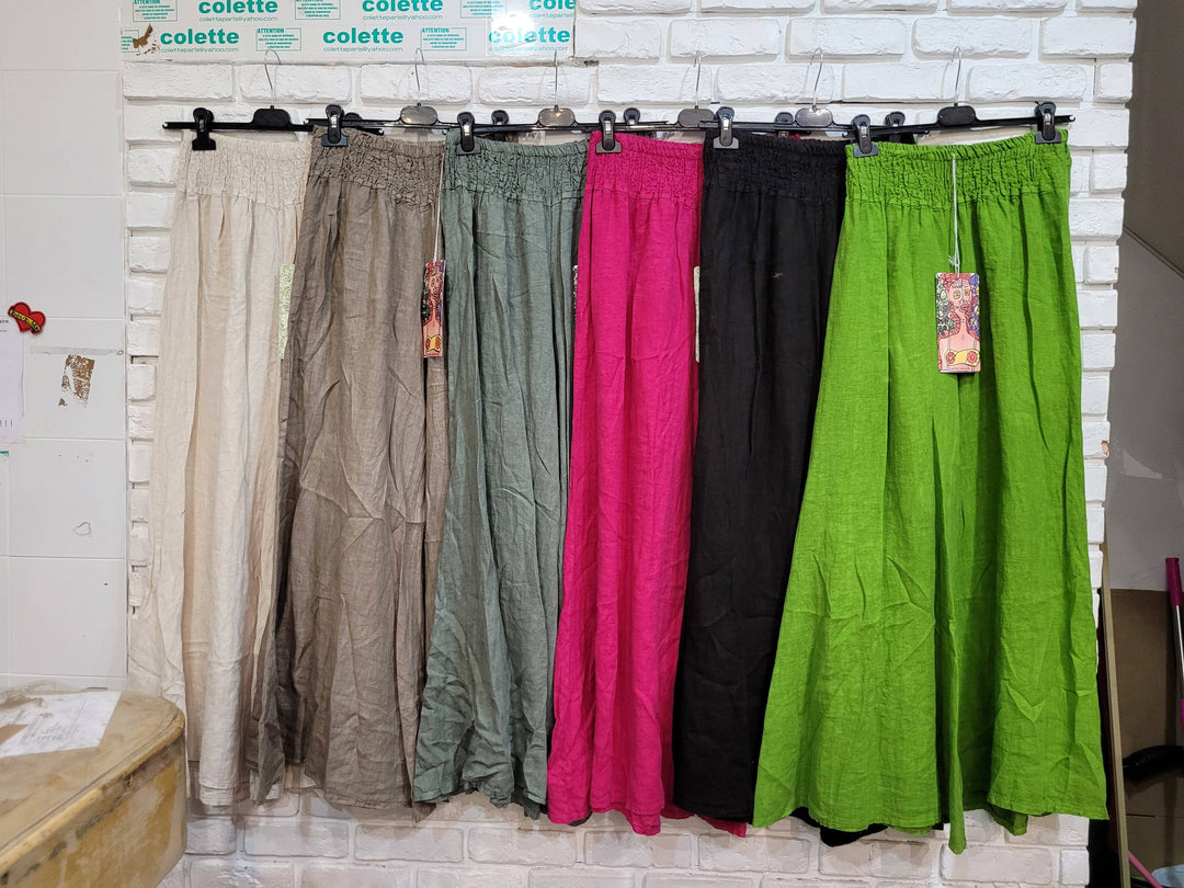 Flared Linen Pants w/ Wide Waistband