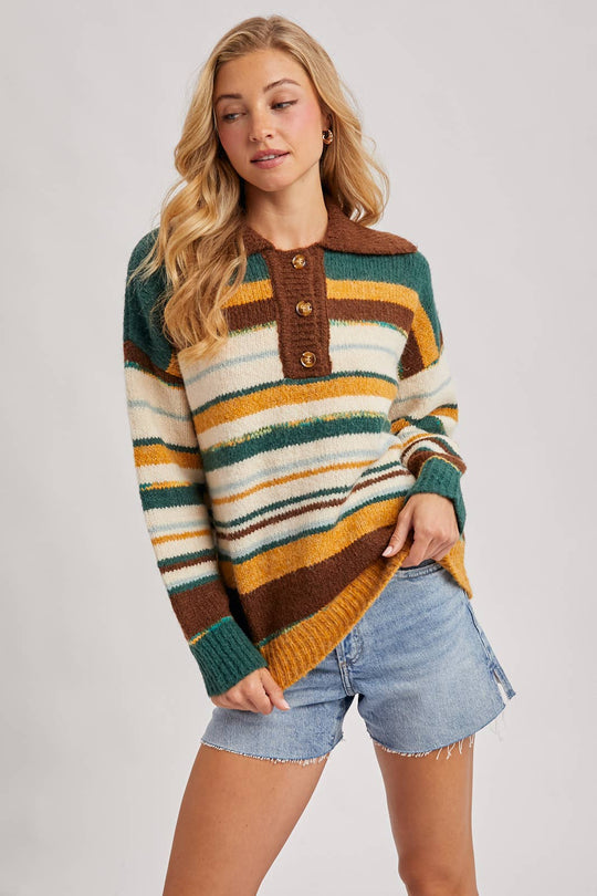 Multi-Colored Striped Polo Sweater