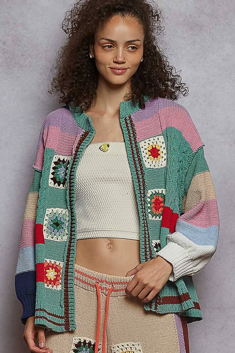 Balloon Sleeve Granny Square Open Cardigan