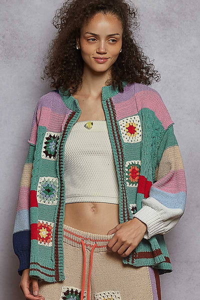 Balloon Sleeve Granny Square Open Cardigan