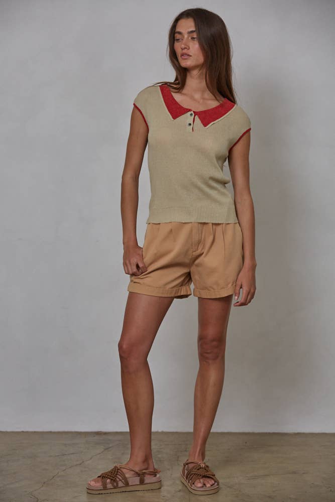 Lightweight Knit Linen Collar Neck Top