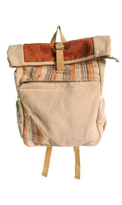 Brown Hemp Rucksack Bag with Fold on Top