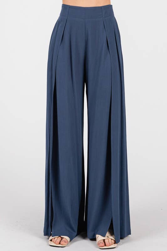 Solid Front Slit Wide Leg Pants