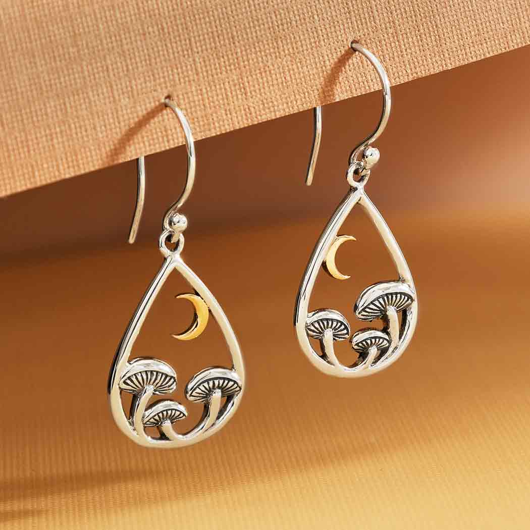 Mushroom and Moon Dangle Earrings in Teardrop