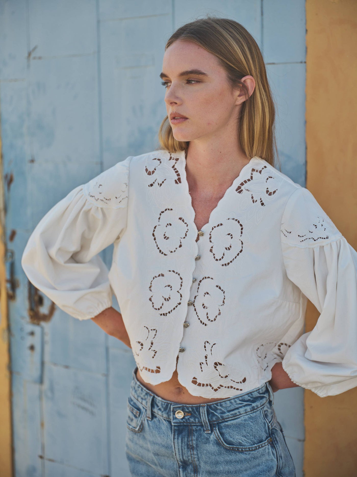 Denim Embroidered Puff Sleeve Blouse