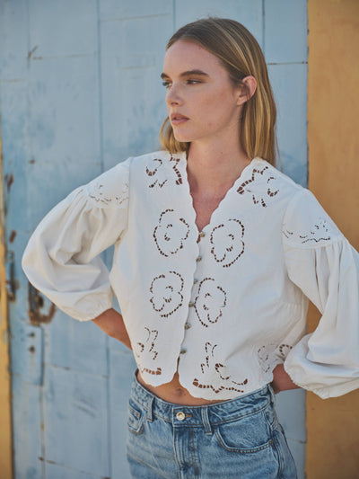 Denim Embroidered Puff Sleeve Blouse