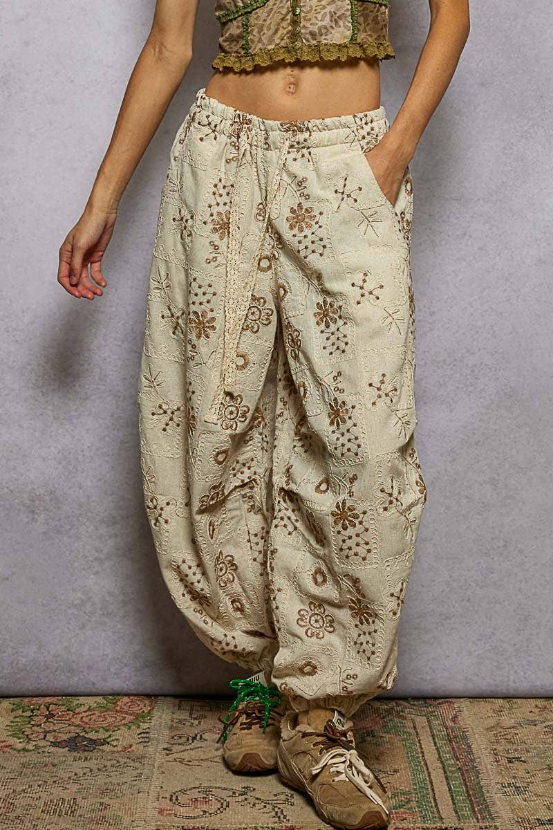Floral Embroidery Quilted Joggers