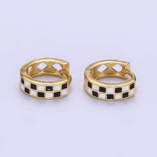 24K Gold Filled Checkered Enamel Huggie Earrings