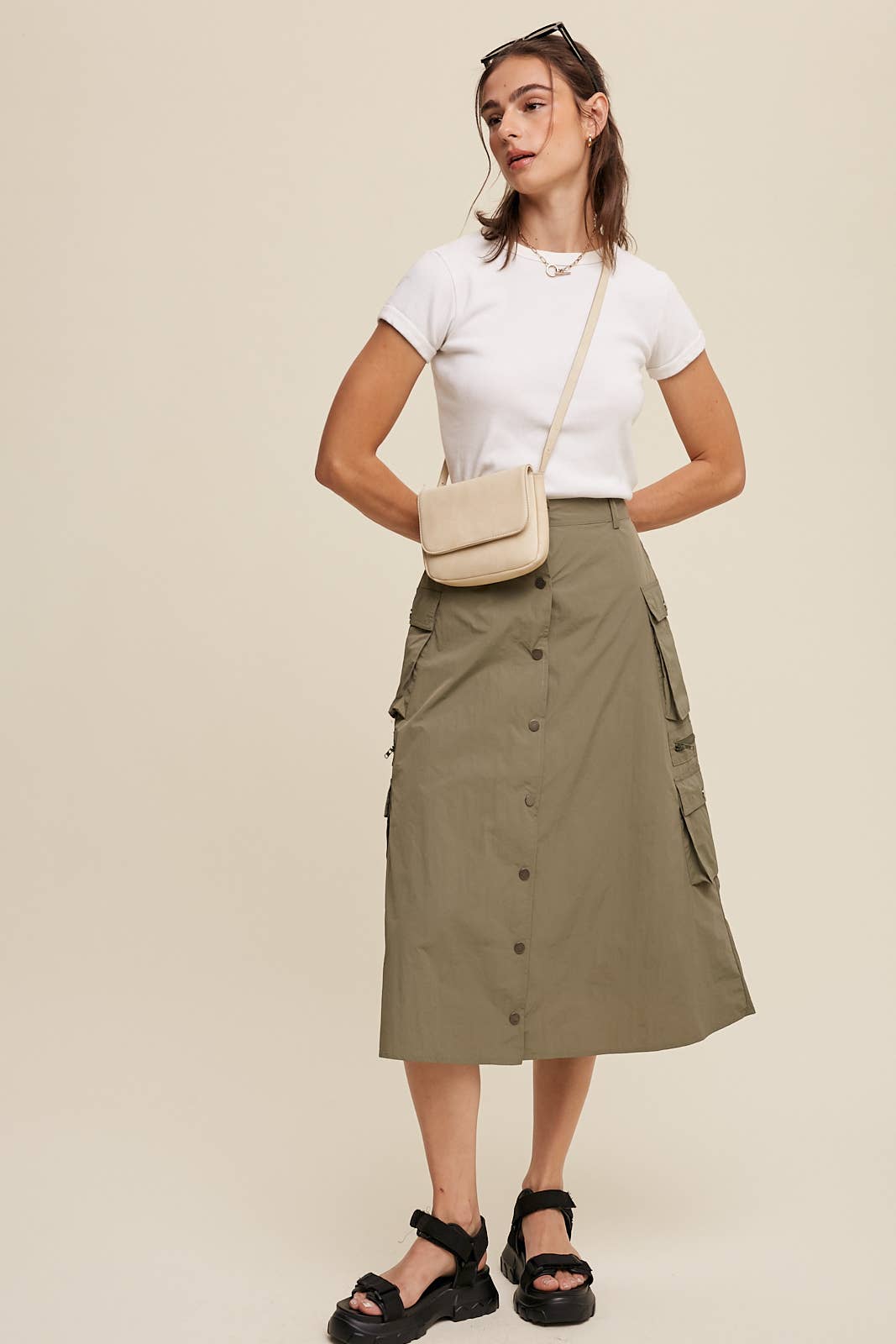 Parachute Button-Front Cargo Midi Skirt