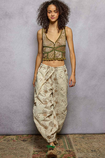 Floral Embroidery Quilted Joggers