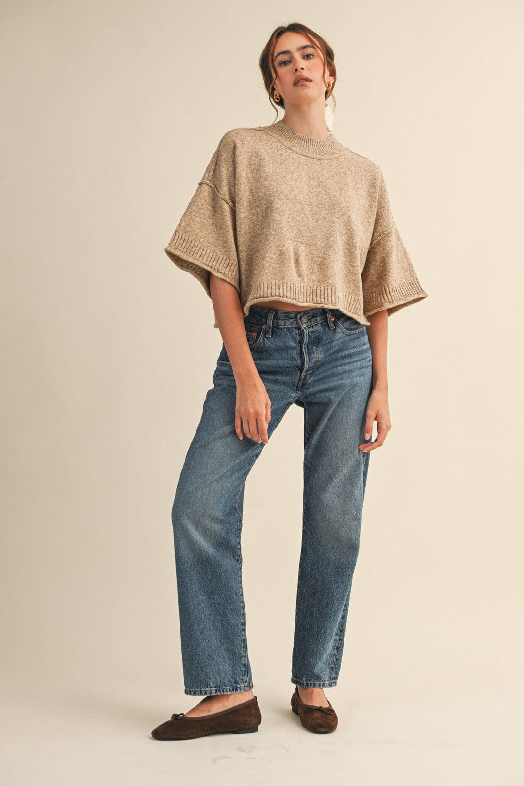 Marled Knit Mock Neck Short Sleeve Sweater