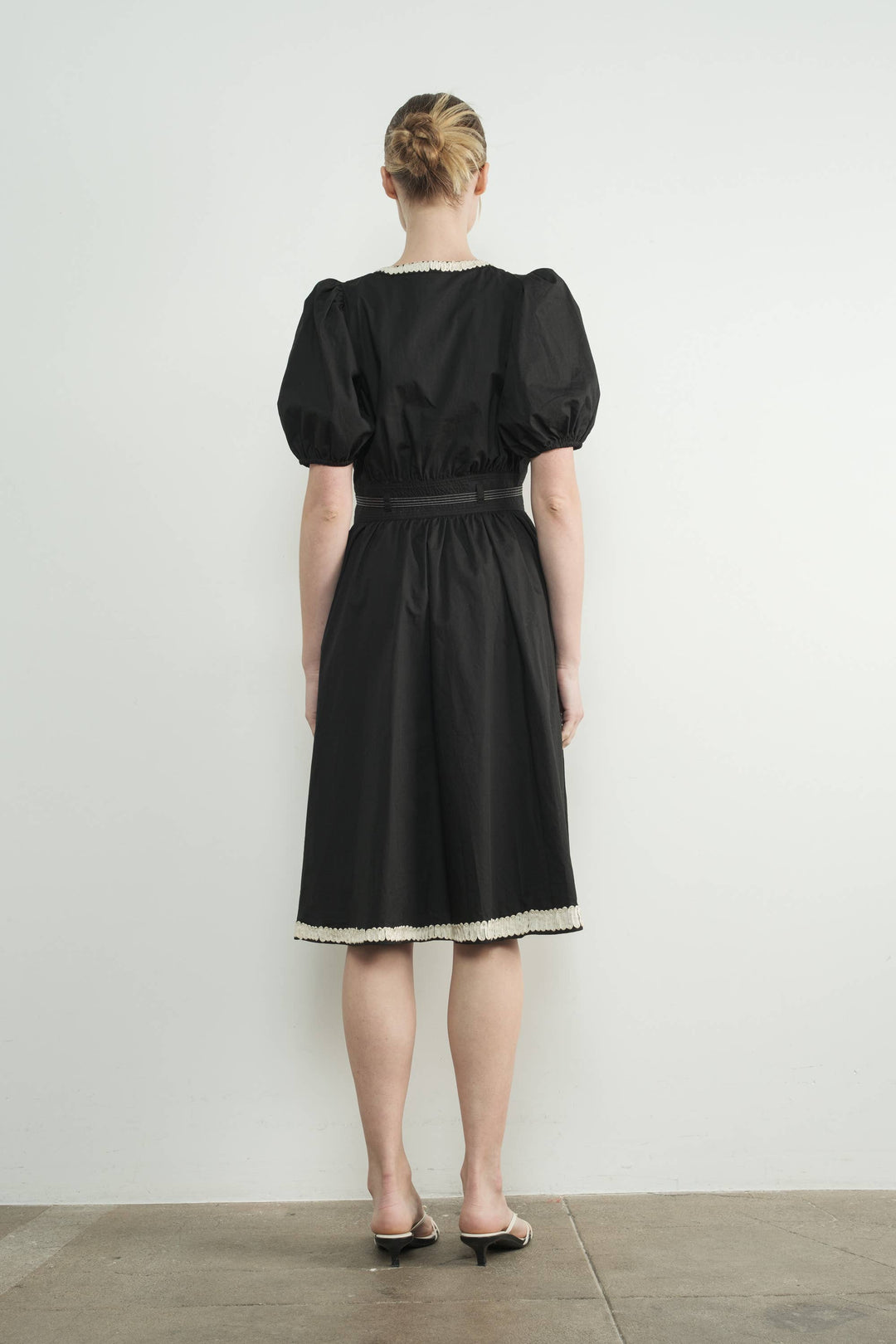 Embroidered Midi Dress with Puff Sleeve
