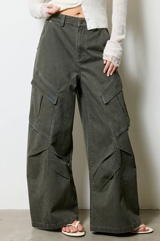 Wide Leg Twill Cargo Pants