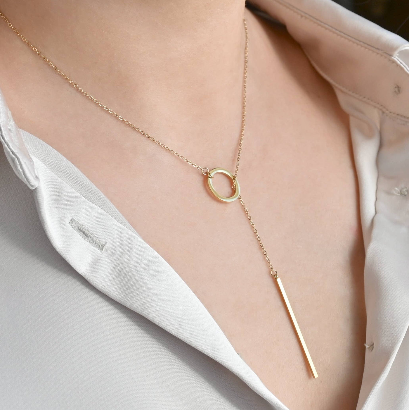 Circle Bar Y Necklace - Geometric Lariat Pendant