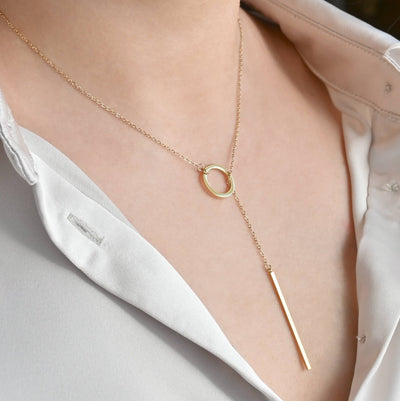 Circle Bar Y Necklace - Geometric Lariat Pendant