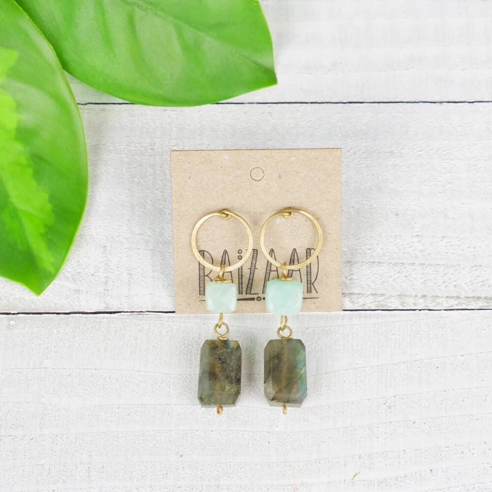 Brass Double Stone Stud Dangle Earring: Turquoise-Amazonite