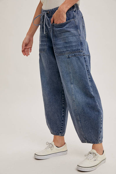 Mid- Rise Drawstring Barrel Jeans