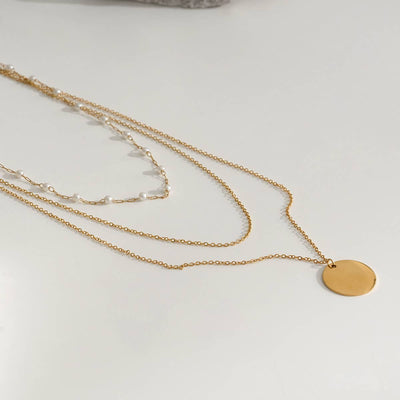 Gold Triple Chain Necklace with Disc Pendant