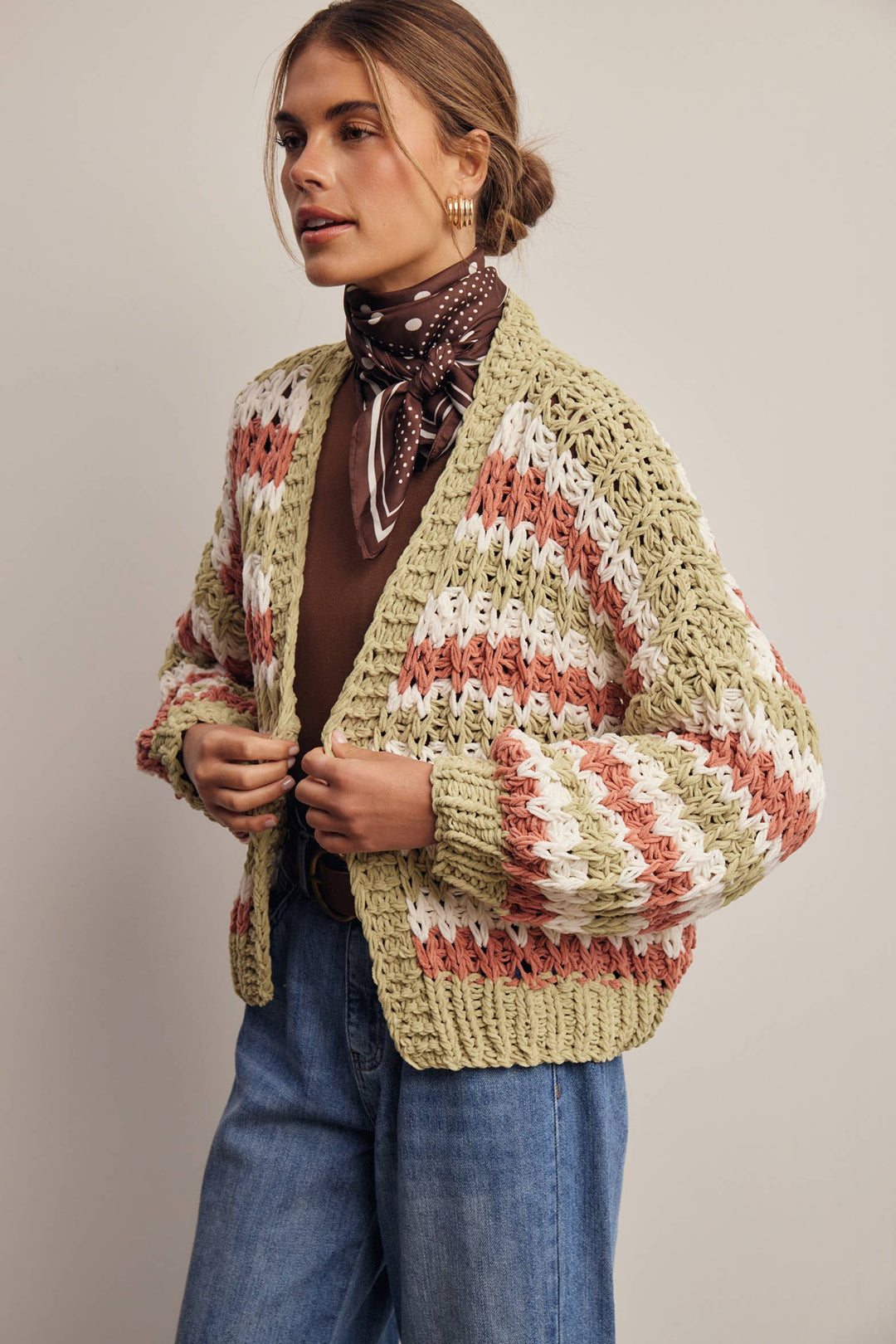 Hand Crochet Stripe Open Cardigan