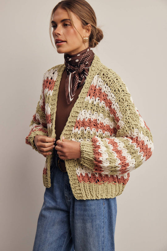 Hand Crochet Stripe Open Cardigan