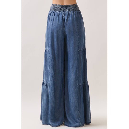 Denim Tencel Tiered Wide Leg Pants