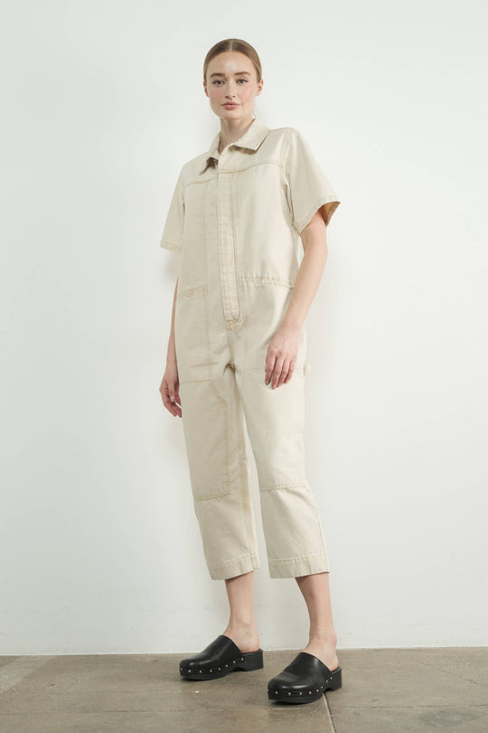 Denim Short Sleeve Collared Jumpsuit